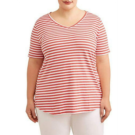 Women's Plus Size Short Sleeve Core V-Neck Tee (Red Stripe, 0x)