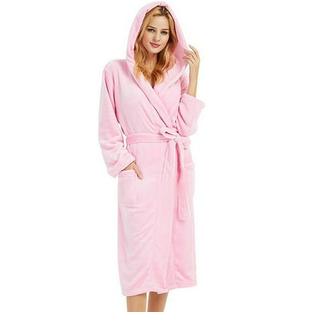 Women's Winter Warm Fluffy Fleece Hooded Bathrobe Dressing Gown ...