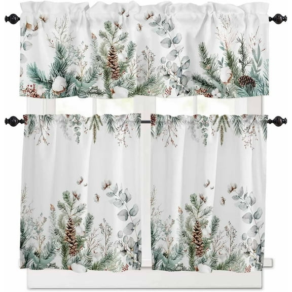 Christmas Kitchen Curtains and Valances Set, Rod Pocket Curtains Tier Farmhouse Window Curtains 36 Inch Length, Winter Pine Leaves Eucalyptus Leaf Plants 3 Piece Kitchen Curtains Set
