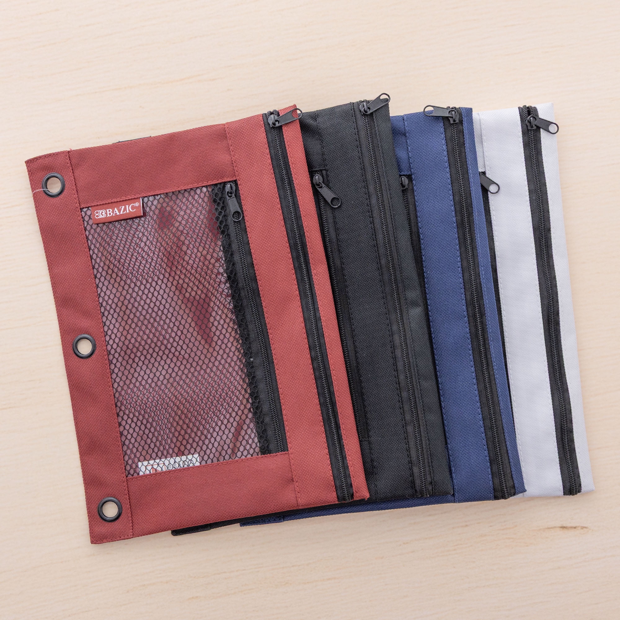 BAZIC 3 Ring Pencil Pouch, Mesh Window, Double Zipper, Assorted Color, 24-Pack