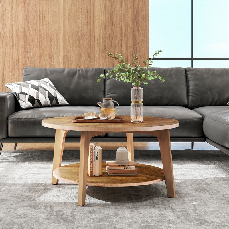 Gianna Round Coffee Table, 32" Wood Coffee Tables for Living Room with Storage, 2-Tier Center Circle Counter with Wooded Desktop, 50 lbs Capacity, Anti-Slip Feet, Brown