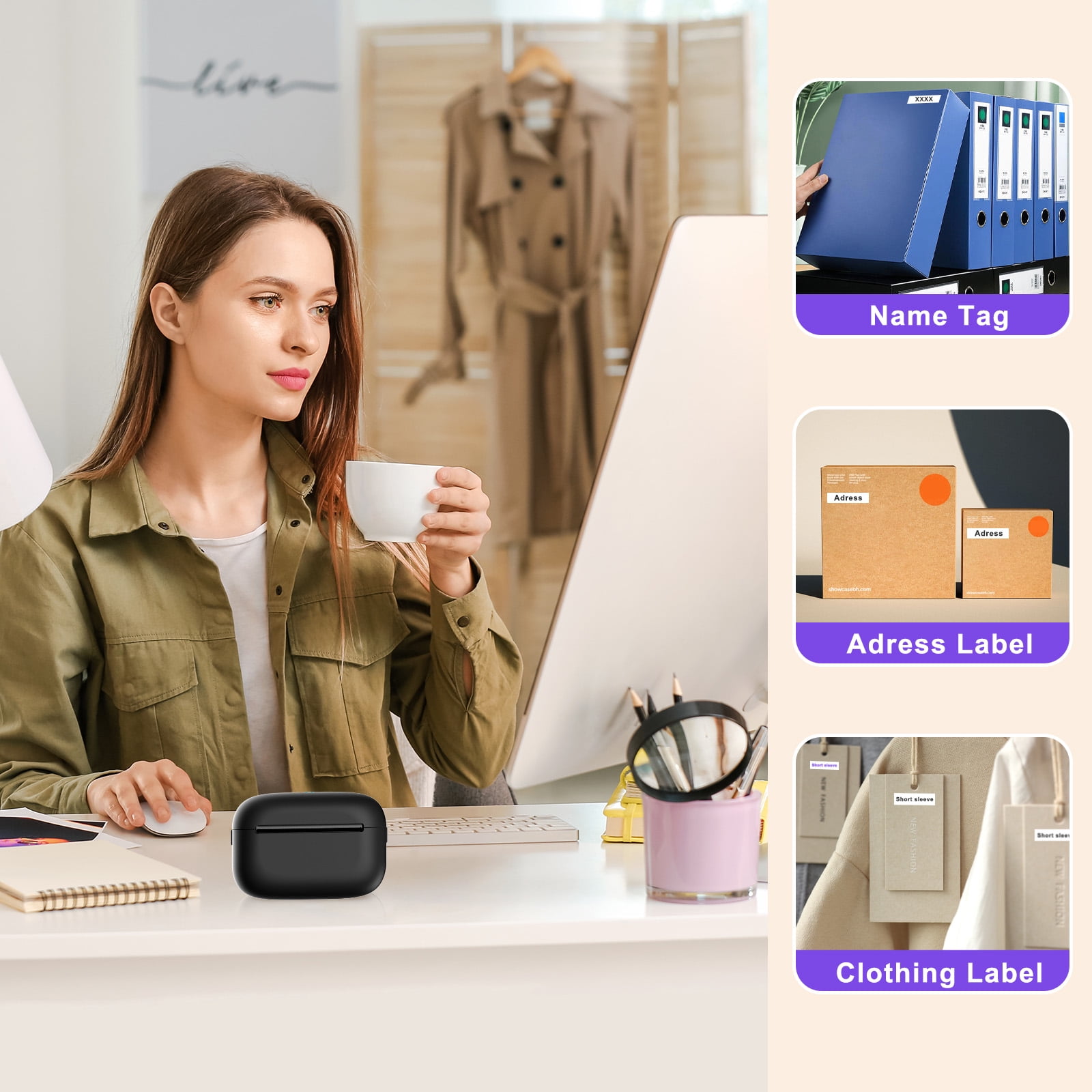 Portable Mini Wireless Thermal Printer Black, Compatible with Android & iOS, USB Rechargeable with Lithium Polymer Battery, for Notes, Planners, Instant Photos