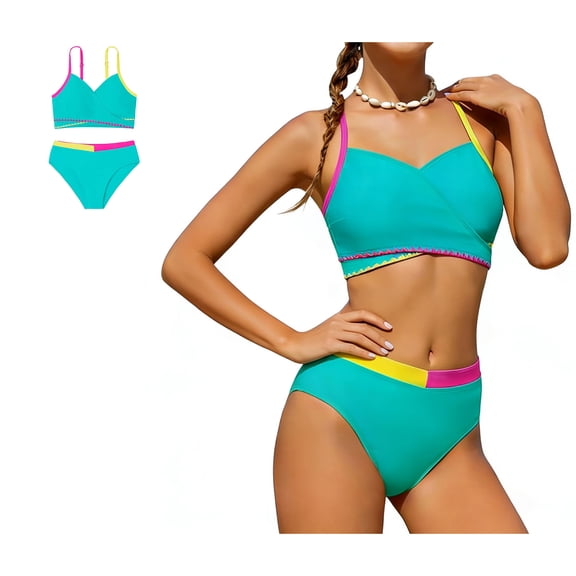 Tween Girls Swimsuits V Neck Bikini Set High Waist Girl Two Piece Bathing Suit Green Boho Holiday Beachwear Set 11-12 Years