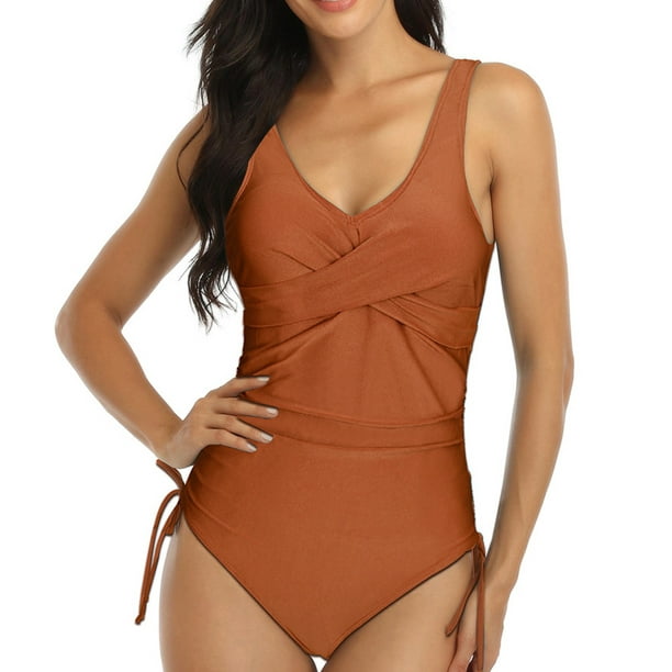Women's Tummy Control Swimsuit One Piece Slimming Ruched Bathing Suit Retro  V Neck Swimwear - Orange 