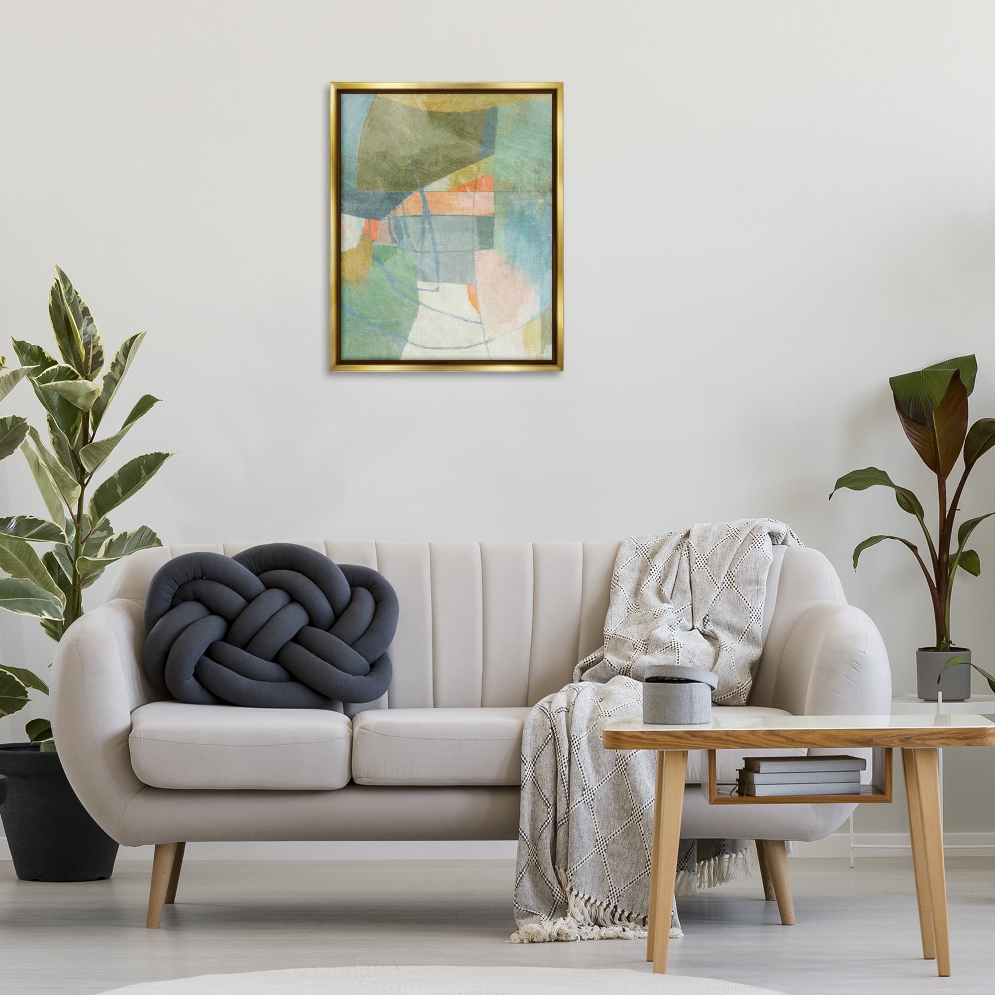 Stupell Industries Pastel & Green Shapes Abstract Painting Gold Floater Framed Canvas Art Print Wall Art, 25 x 31