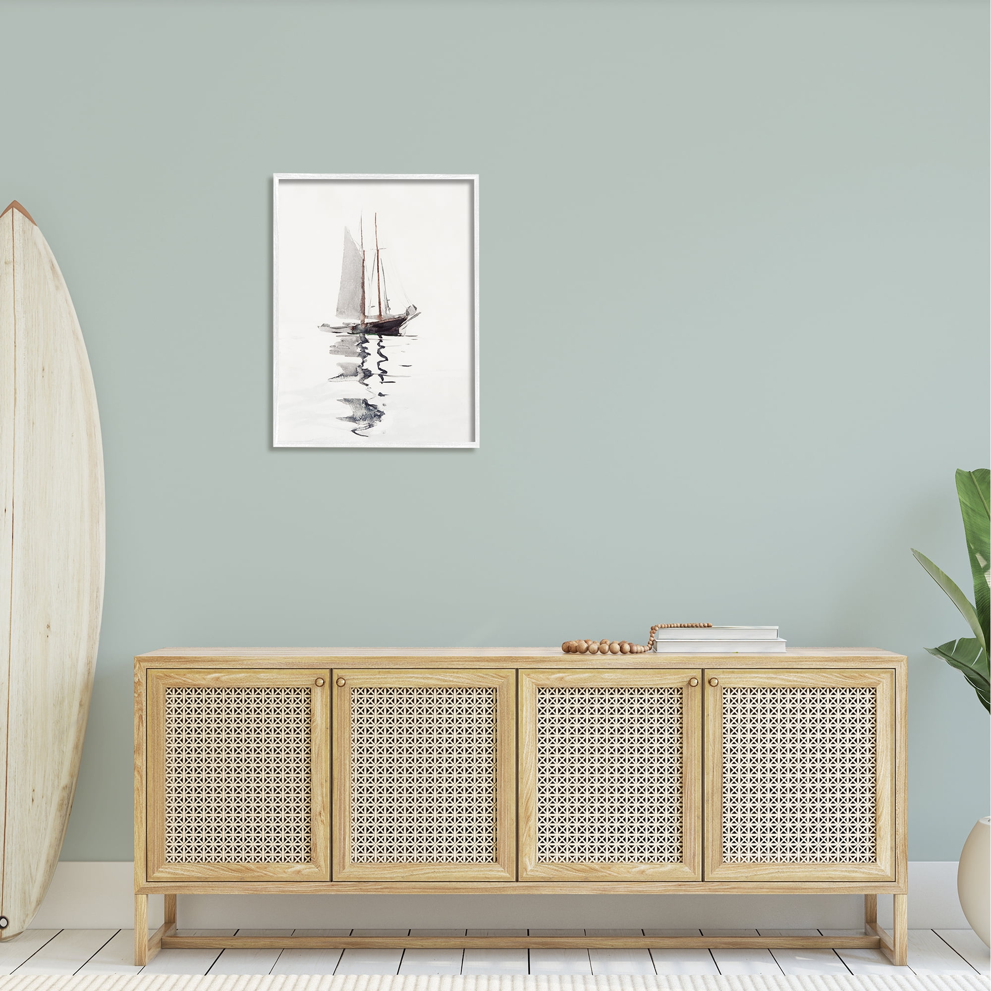 Stupell Industries Tranquil Sailboat Vessel Floating Lone Ocean Reflection Painting White Framed Art Print Wall Art, Design by Lettered and Lined