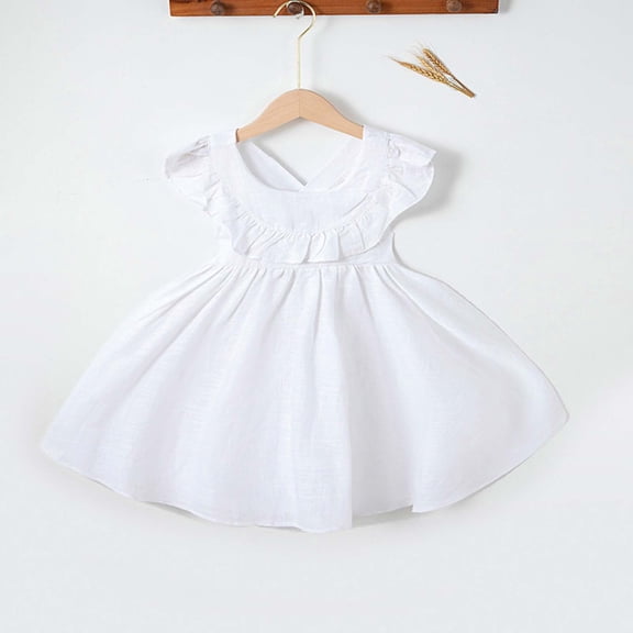 FRSASU Girls Ruffle Summer Cotton Linen Mini Dress Loose Sleeveless Swing A-Line Cute Princess Party Dresses White
