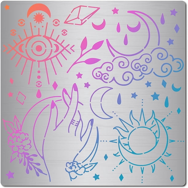 Plantilla de tarot de 6,3 pulgadas con patrón lunar, ojo de demonio, carta solar, reutilizable, de acero inoxidable, para dibujar y pintar.