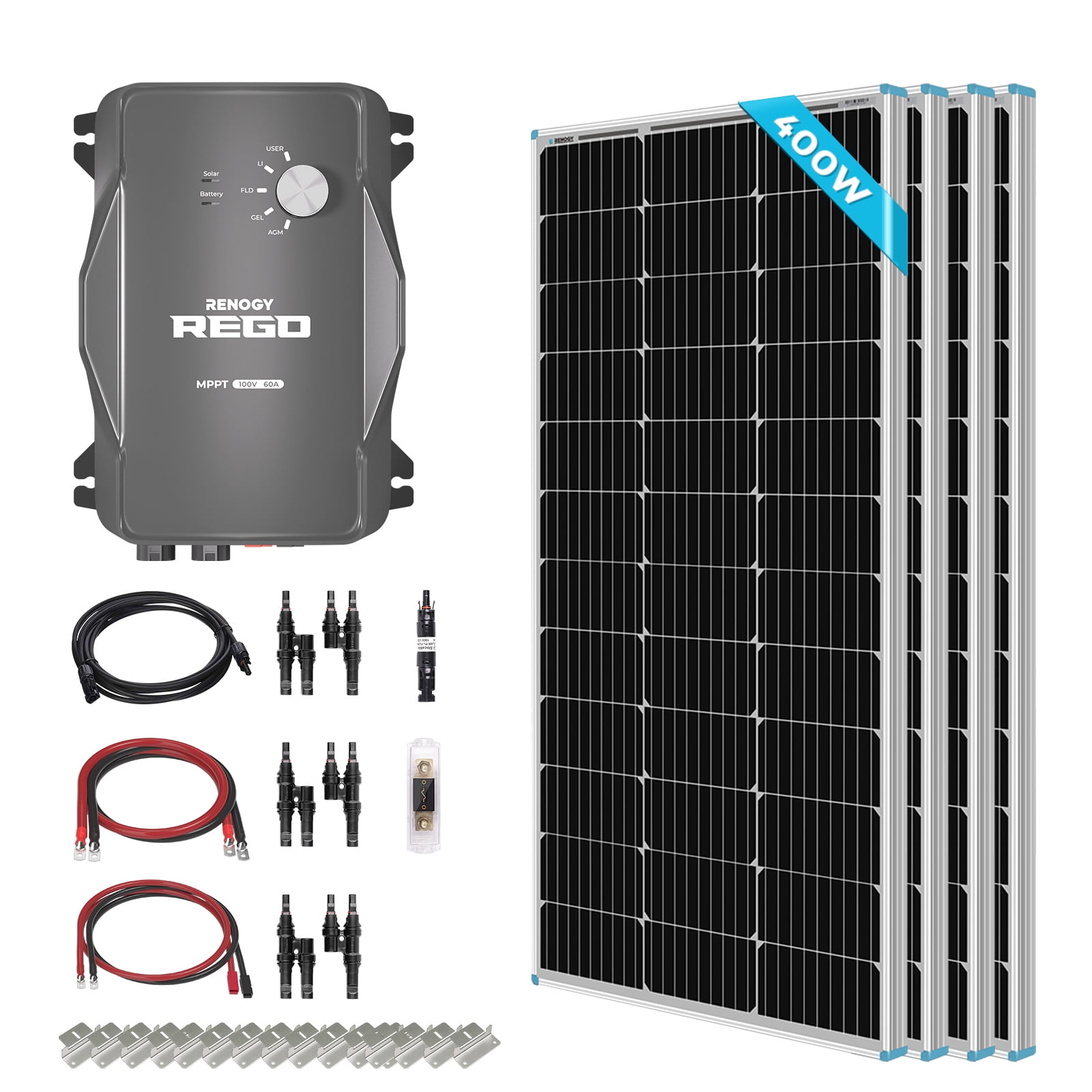 Renogy 400 Watt 12 Volt Monocrystalline REGO Solar Kit with 4 pcs 100W
