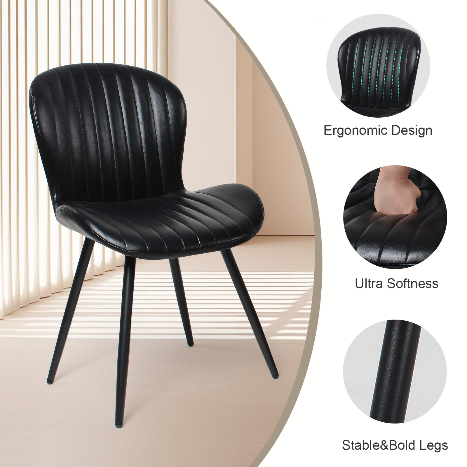Set of 2 Black Modern Dining Chairs, 2nd-Gen Leather Upholstery, Ergonomic Curved Backrest, Sturdy Metal Legs, 400 lbs Capacity, Waterproof & Scratch Resistant