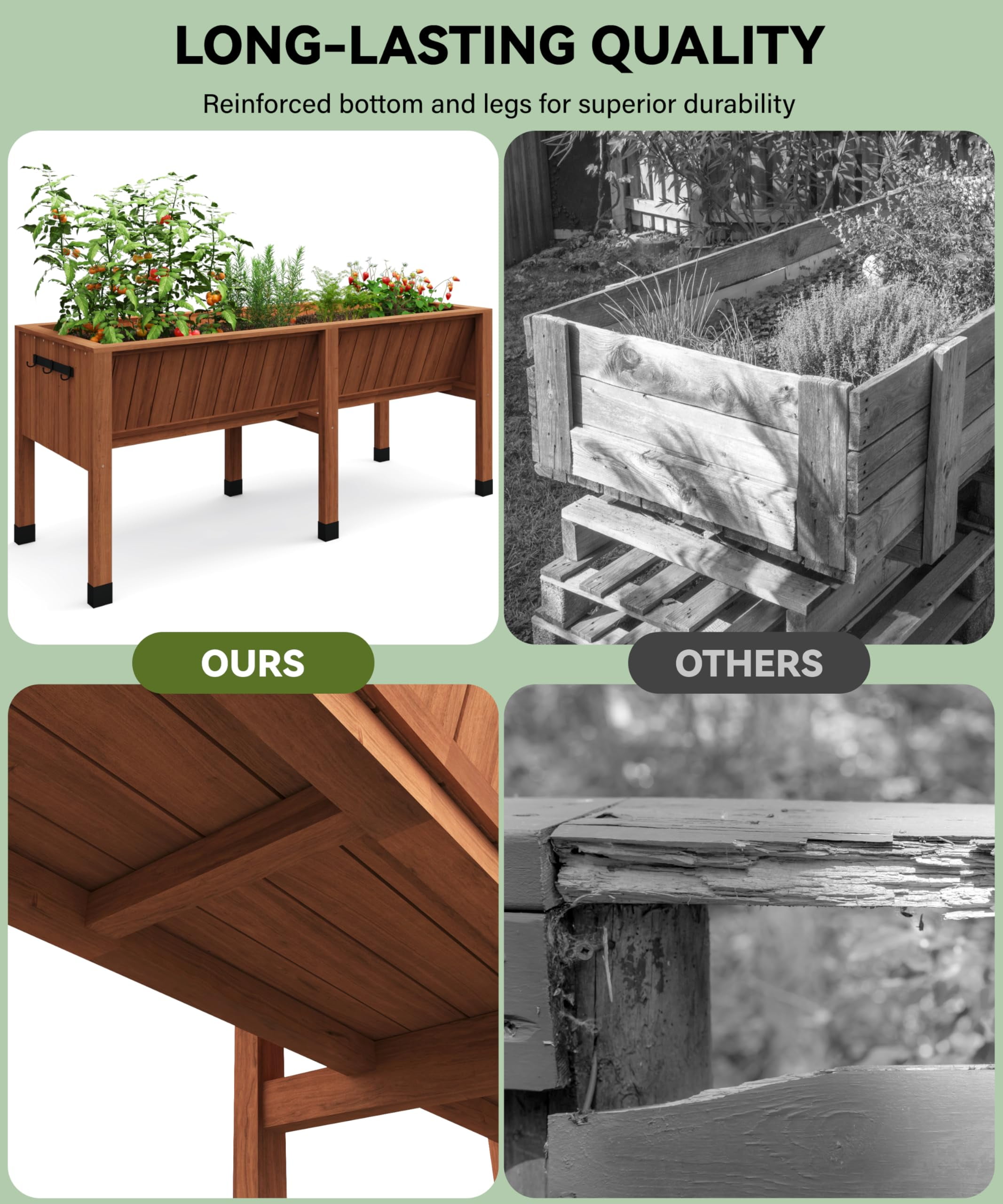 Garvee 72"x26"x31" Elevated Wooden Raised Garden Bed with Storage Hooks for Vegetables,Flowers,Brown