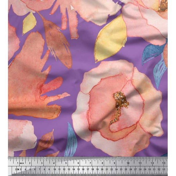 Soimoi Purple Satin Silk Fabric Leaves & Floral Fabric Prints by Yard 42 Inch Wide