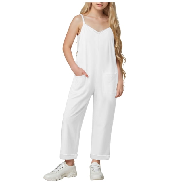 2DXuixsh Combinaison Fille Coupe Décontractée Sans Manches Col en V Bretelles Spaghetti Fermeture Éclair Dos Ample Combinaison Pantalon Long avec Poches Tenues d'Été Blanc Taille 120