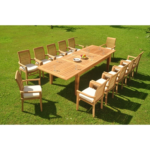 Grade-A Teak Dining Set: 12 Seater 13 Pc: 122" Caranas Double Extension Rectangle Table And 12 Mas Stacking Arm Chairs Patio WholesaleTeak #WMDSMS43