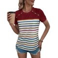 thumbnail image 3 of Camiseta informal de verano de manga corta con cuello redondo de color rojo vino para mujer, para vacaciones y uso diario, camiseta con botones en los hombros y rayas, 3 of 6