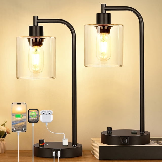 Juego de 2 lámparas de mesa industriales con puertos USB C+A y tomacorriente, totalmente regulables, para dormitorios, mesita de noche, lámpara de escritorio con pantalla de vidrio para lectura, sala