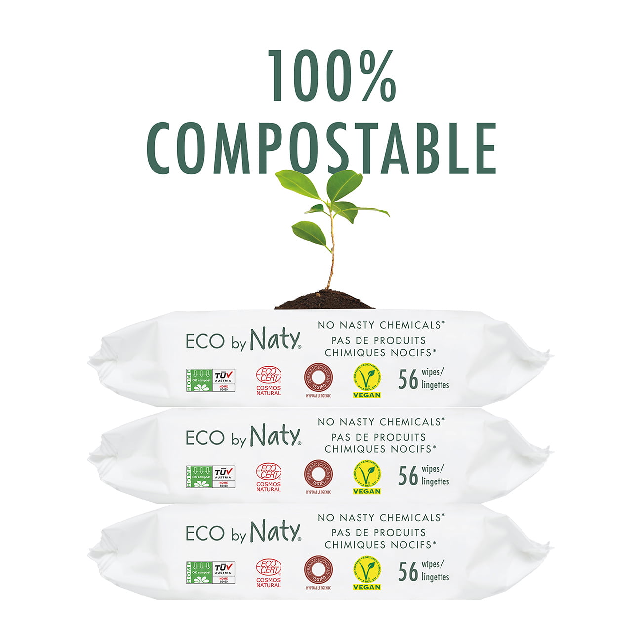 No nasty chemicals. Eco by Naty Flushable Baby Wipes 0 percent plastic Plant based Compostable Wipes 672 count 12 packs of 56