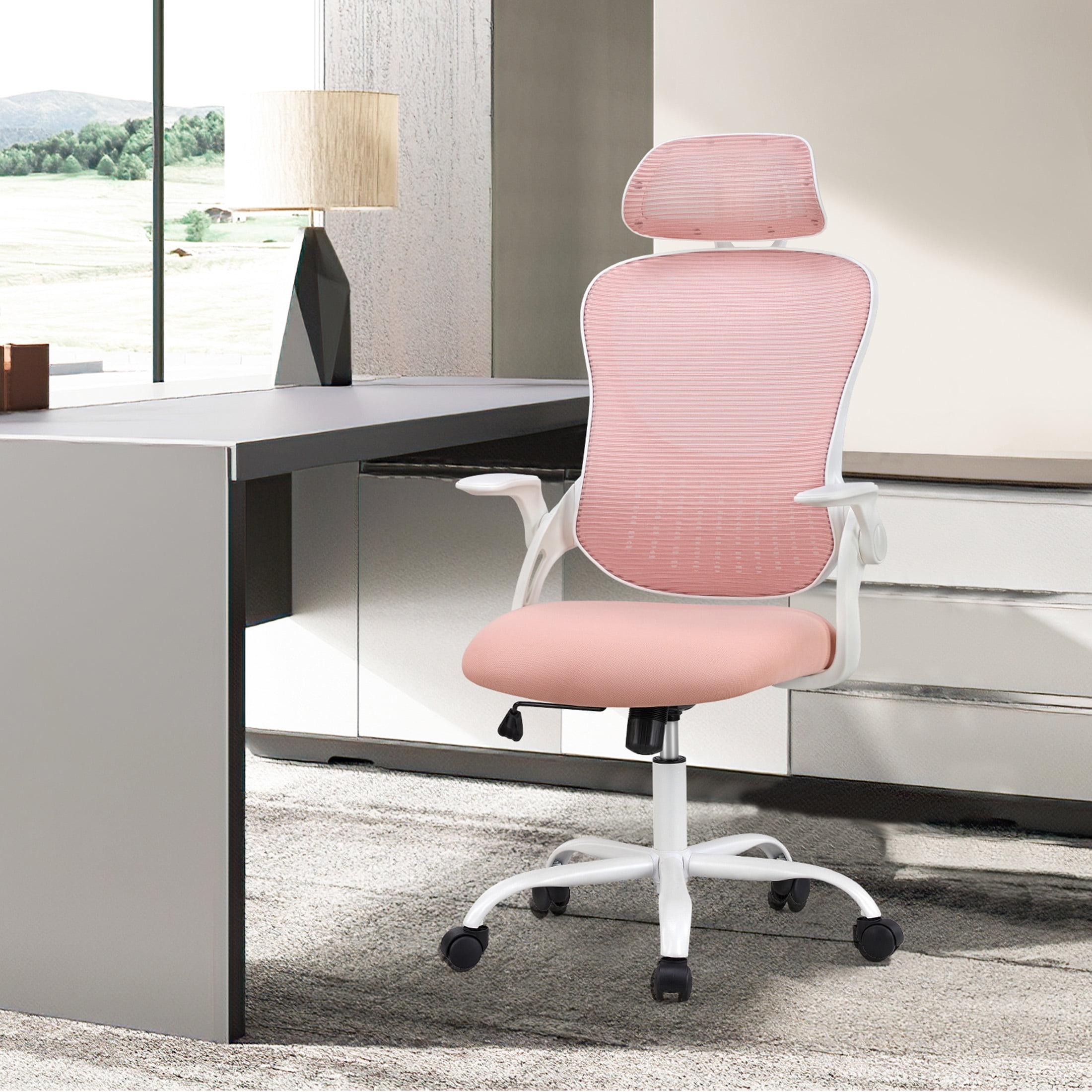 JOINSUN Office Computer Desk Chair, Ergonomic High-Back Mesh Work Chairs with Wheels and Adjustable Headrests, Pink
