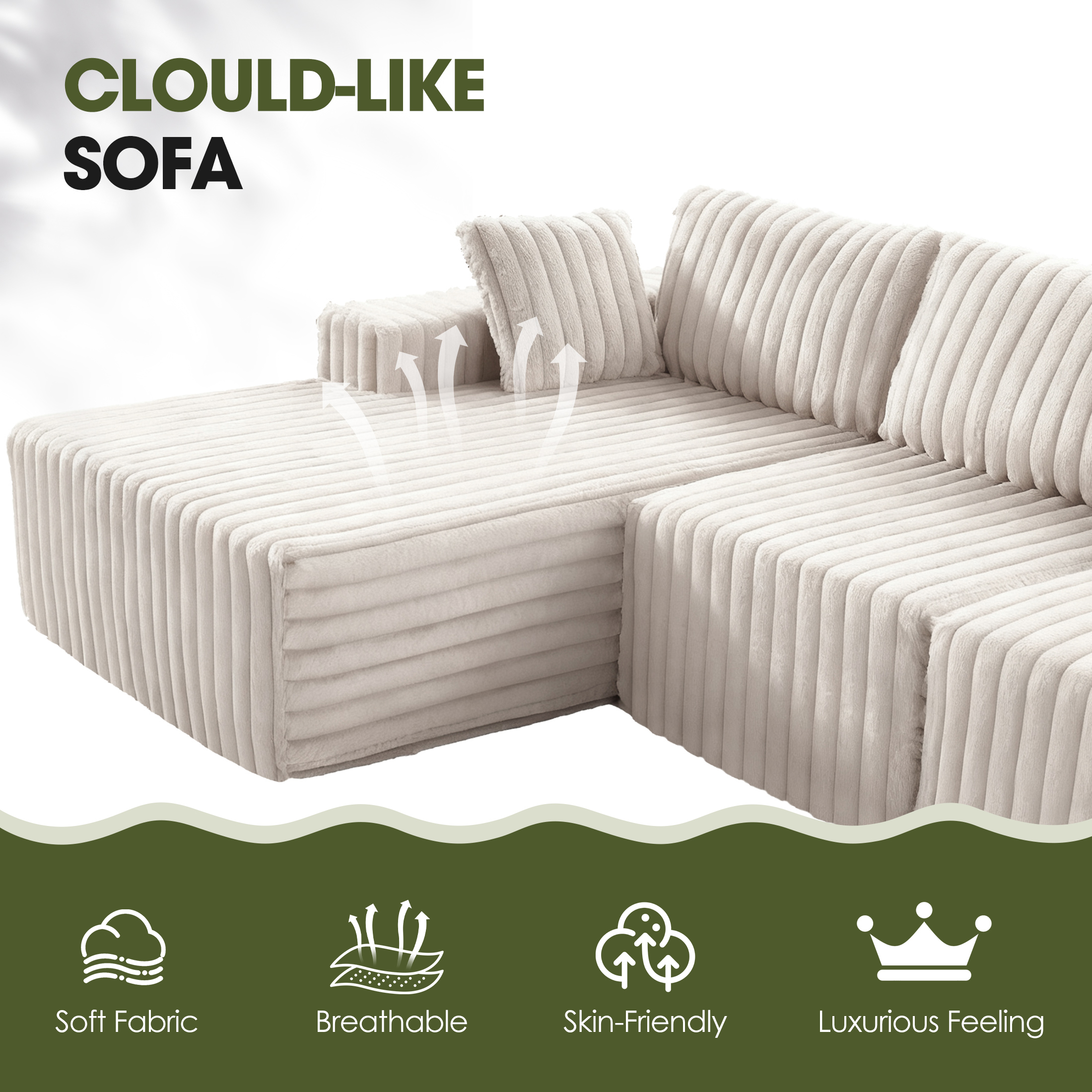Techmilly 113” Cloud L-Shaped Sectional Couches,Modular Sofa with Deep Seat, Sponge Compression Sofas,Modern Modular L-Shape Sofa Couch with Chaise for Living Room Bedroom (White, Left Facing Chaise)