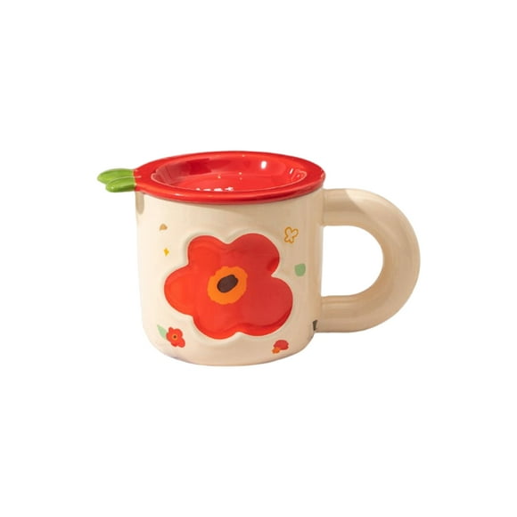 Bearachild Taza de cerámica con tapa para café, té, leche, agua, tazas bonitas creativas con patrón de flores, contenedor de avena, tazas con asa, Juegos de servir café y té Rojo Bearachild HA080821-01