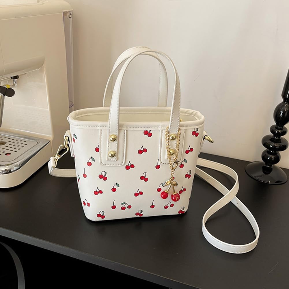 Crossbody Bags for Women, Small Cherry Print Shoulder Bag Cute Leather Tote Bag,Cherry Red Purse with Shoulder Strap