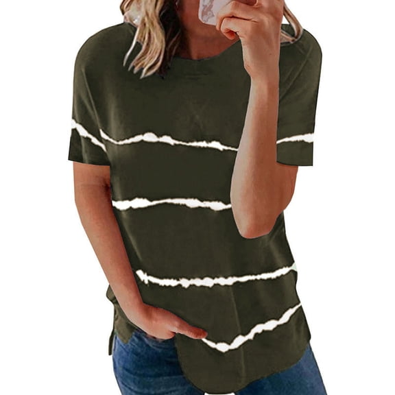Pxiakgy t shirts for women Fashion Women's Loose Short Sleeve T-shirt Round Neck stripe print Tops Womens t shirts Army Green L