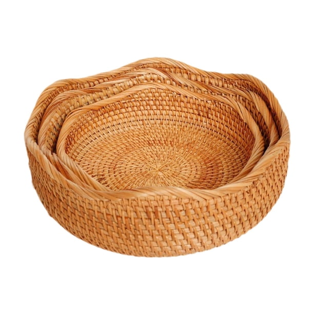 Cesta de frutas de ratán, cestas de almacenamiento decorativas, práctico cuenco de almacenamiento de mimbre para té, mesa, cena, pan en casa, 3 uds.