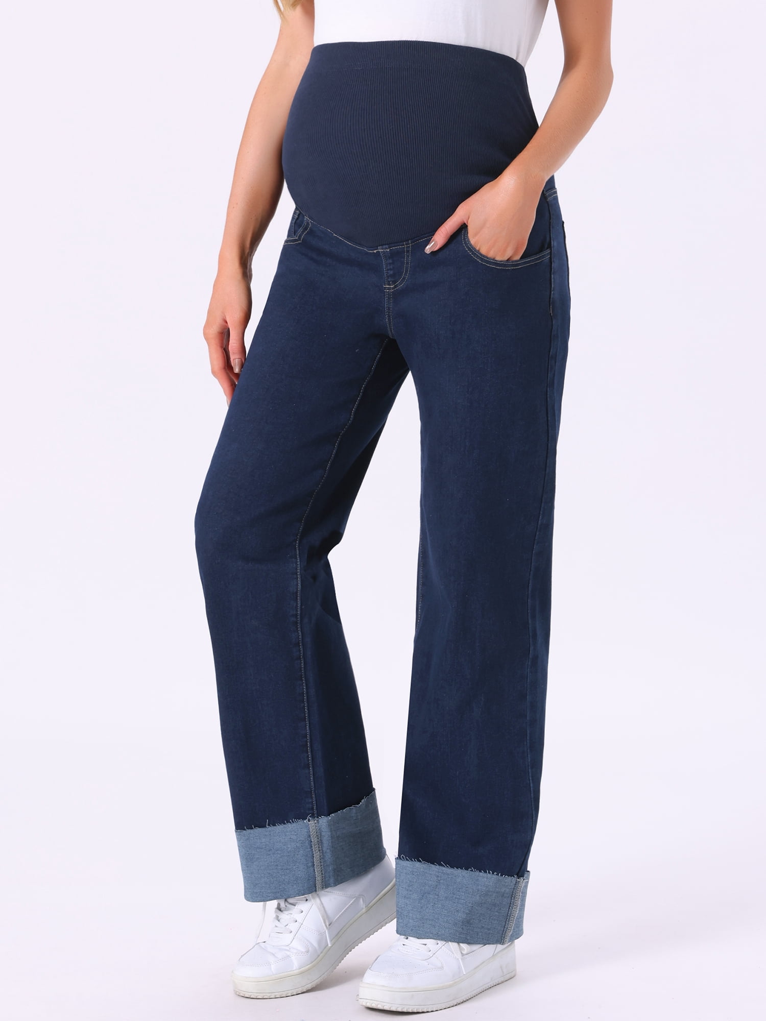 DARING DIVA Women's Maternity Cuffed High Stretchy Over the Belly Pants XL Black Blue