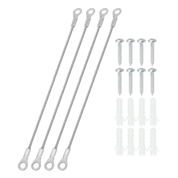 Stainless Steel Lanyard Cable with Eyelets 0.08" x 8" 2mm x 20cm Lock Security Wire Rope with Mounting Screws, 4 Pack