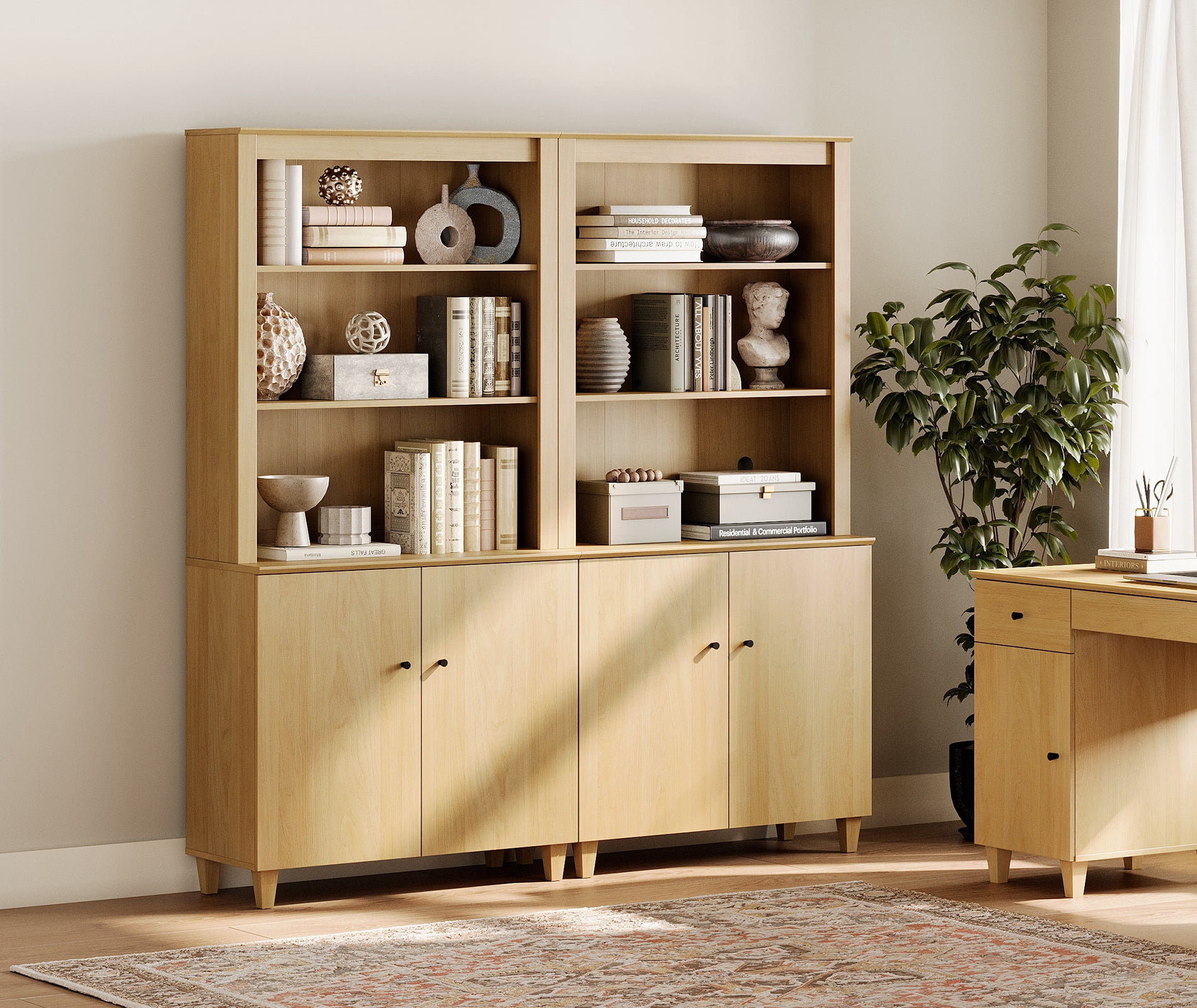 Modern 71" Tall Bookcase with Cabinets, 2 Column 5 Tiers for Home Office,Oak Wood