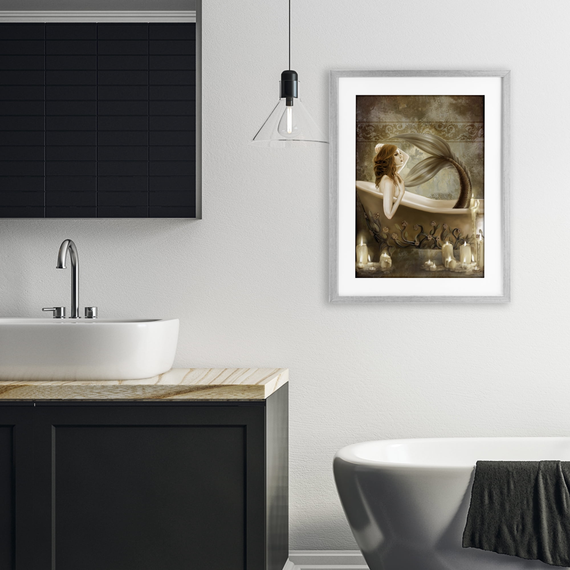 Stupell Industries Sepia Bath Time Mermaid Gray Framed Print Under Glass, design by Selina Fenech