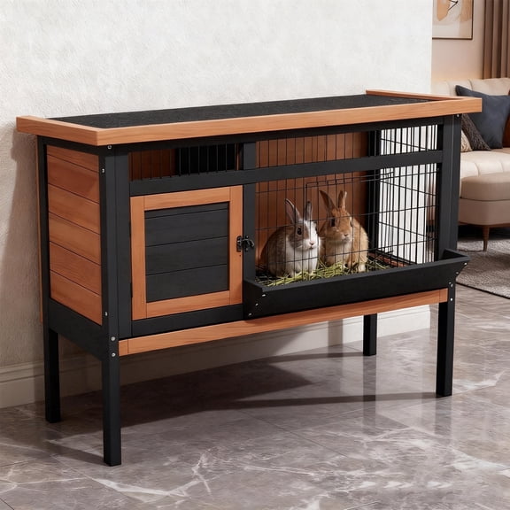 Weatherproof Elevated Rabbit Hutch with Metal Mesh Base, Removable Trays, Openable Roof & Feeding Trough, Orange & Black