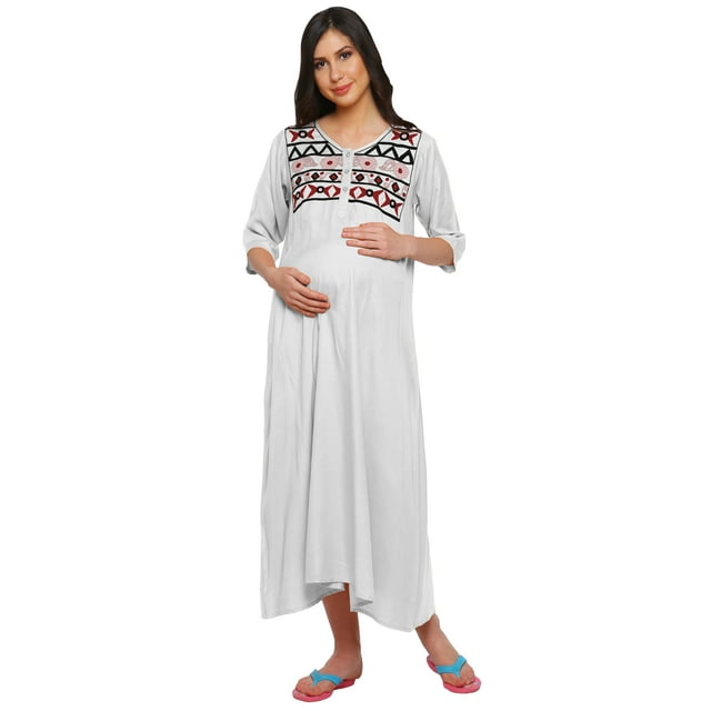 Moomaya Womens Embroidered Round Neck Rayon Slub Long Maxi Maternity Dress