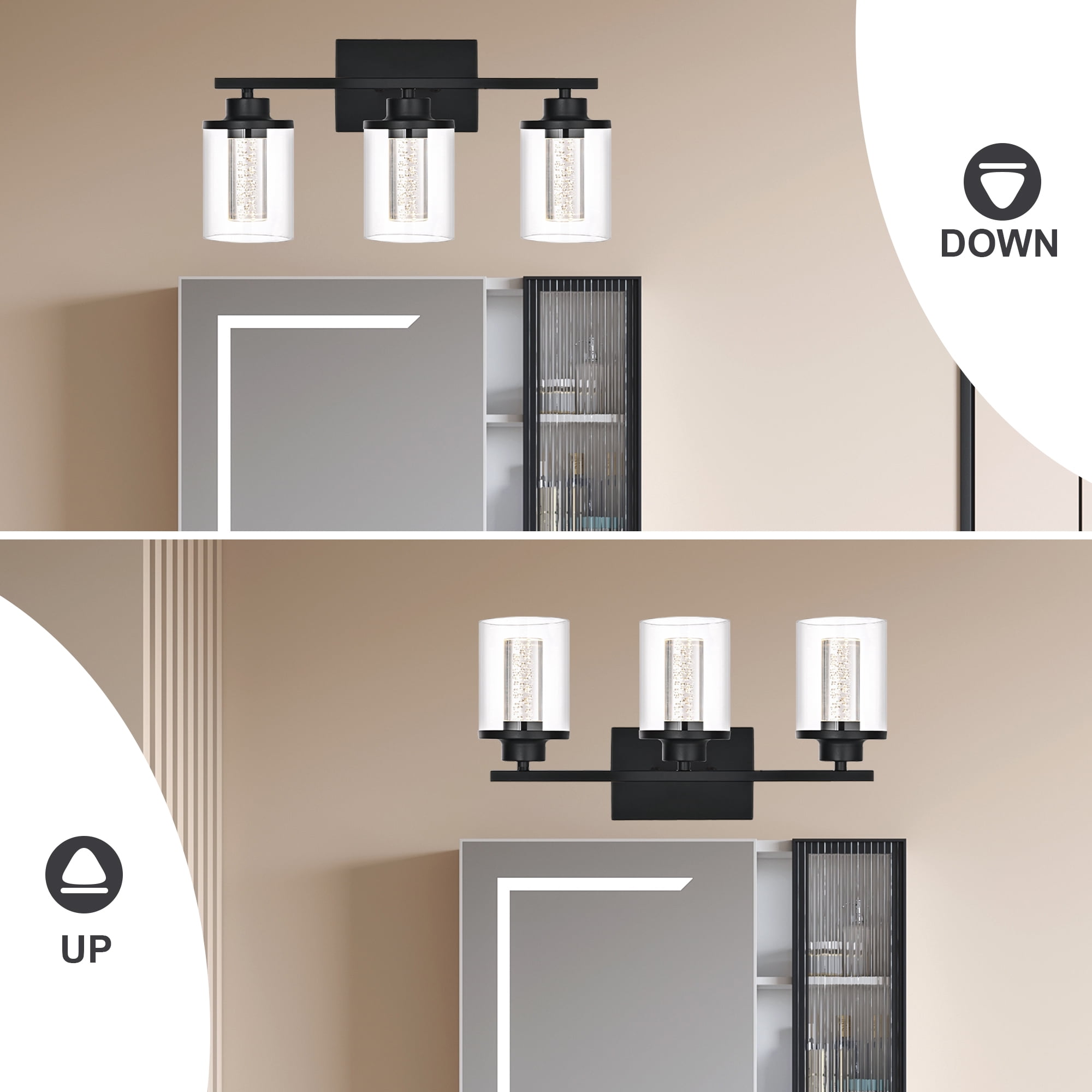Melucee 5CCT Dimmable LED Black Vanity Lights 3-light, Modern Vanity Lighting Fixtures with Crystal Light Columns and Clear Glass for Bathroom Bedroom