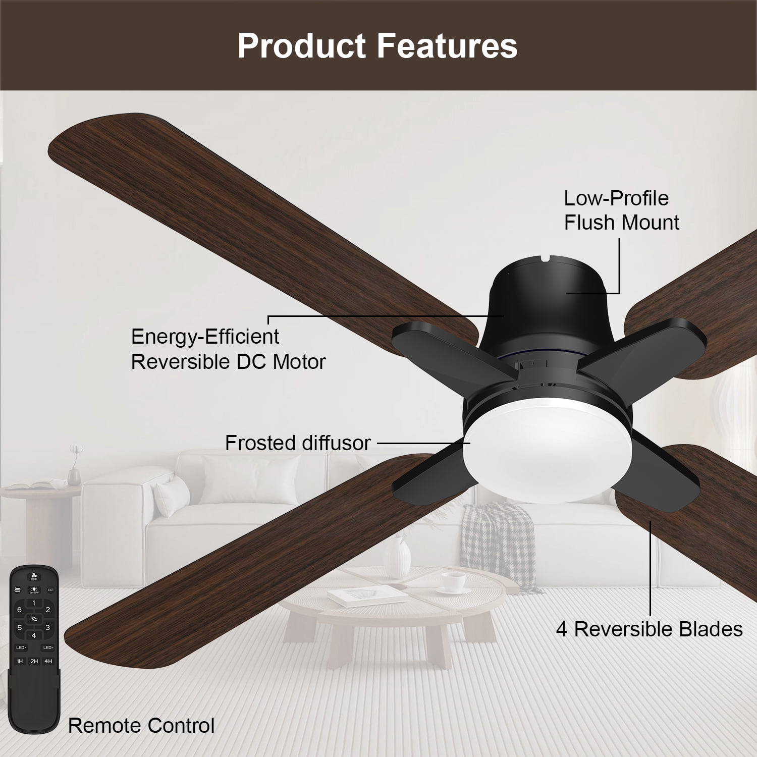 Mainstays 52 Inch Hugger Ceiling Fan With LED Light and Remote Control, Black, Quiet DC Motor