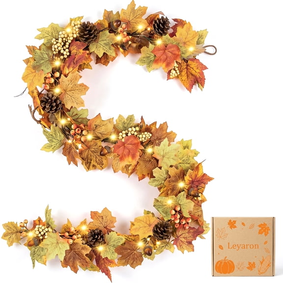 Leyaron 6 Ft Artificial Fall Garland with Lights, Autumn Outdoor Garlands for Fall Thanksgiving Party Home Decor