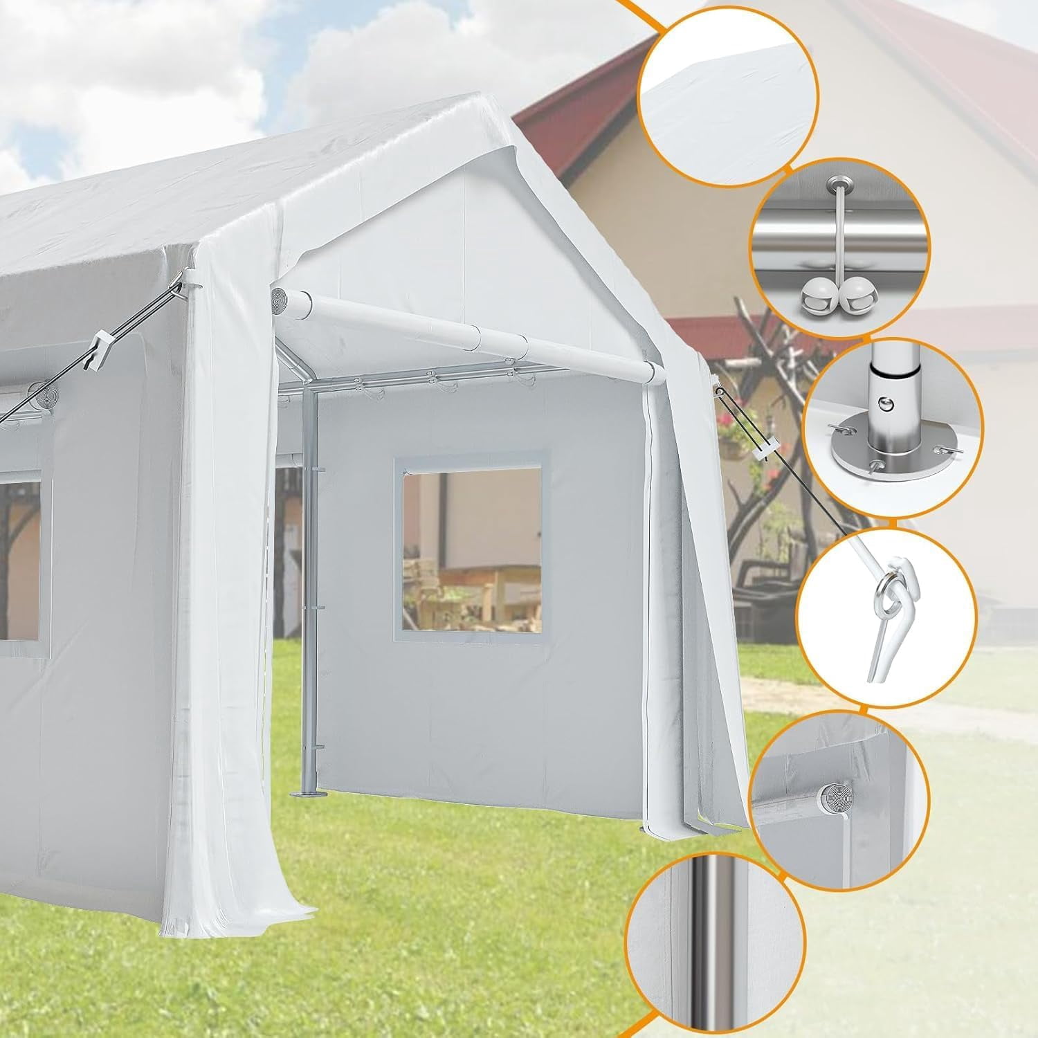10x20 Heavy-Duty Carport Canopy Tent with 4 Roll-Up Doors & 4 Windows Waterproof UV-Protected Powder-Coated Steel Frame Removable Sidewalls White