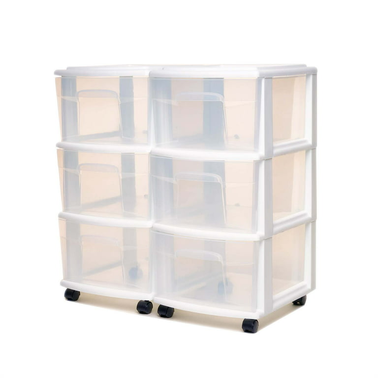 Homz Clear Plastic 3 Drawer Medium Home Organization Storage Container  Tower with 3 Large Drawers and Removeable Caster Wheels, White Frame