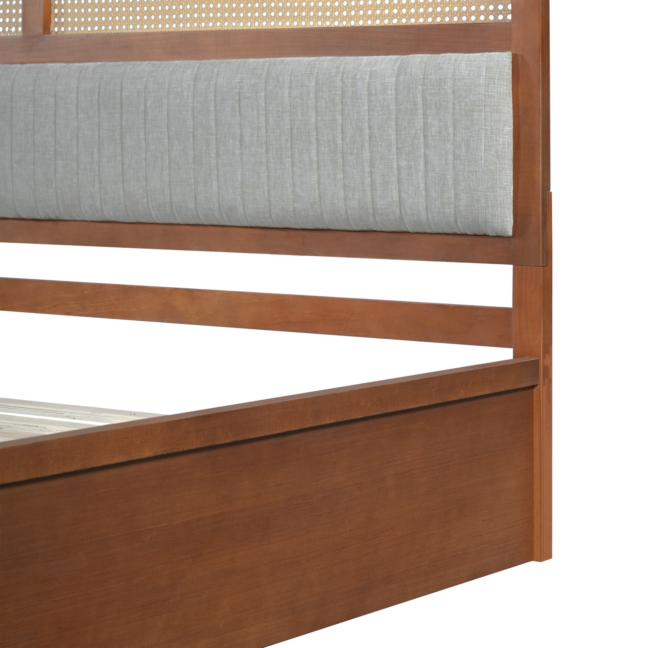 Christopher Knight Home Queen Wood Platform Bed with Rattan & Gray Upholstered Headboard, Brown Finish