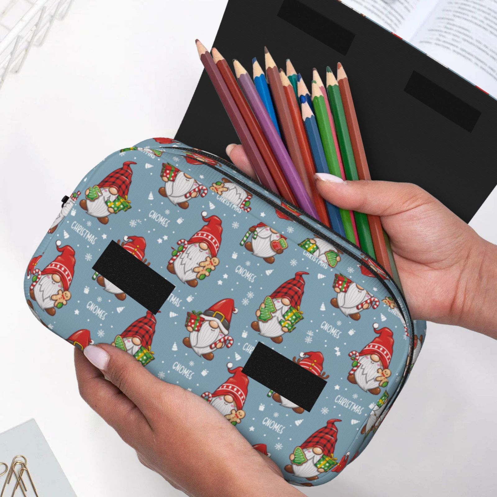 Rateoe Snowflake Christmas gnome Pattern Double Clamshell Pen Case, Storage Organizer with Two Zipper Compartments– Holds Up to 50 Pencils & Pens