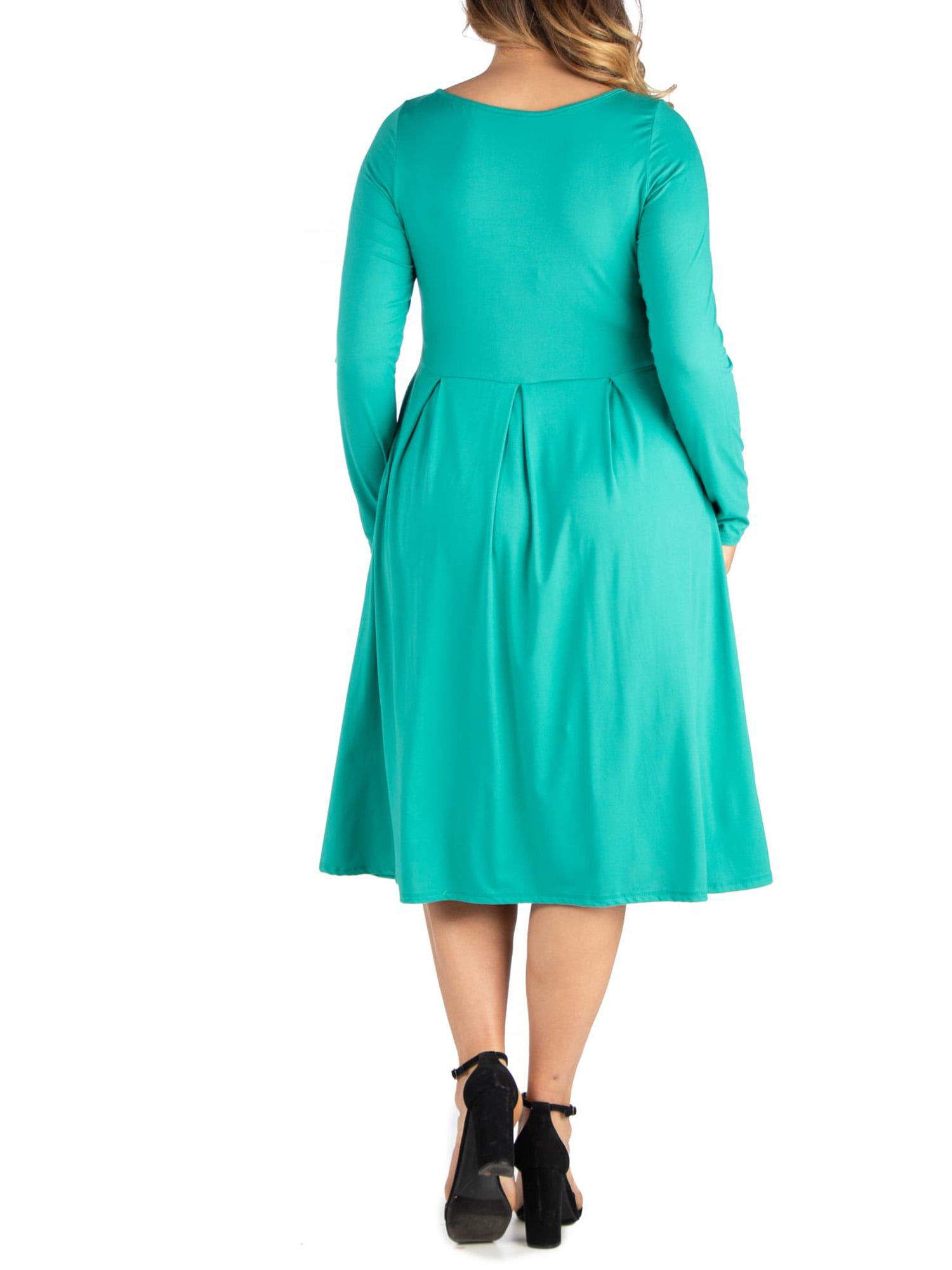 24seven Comfort Apparel Plus Size Chic V-Neck Long Sleeve Belted Dress