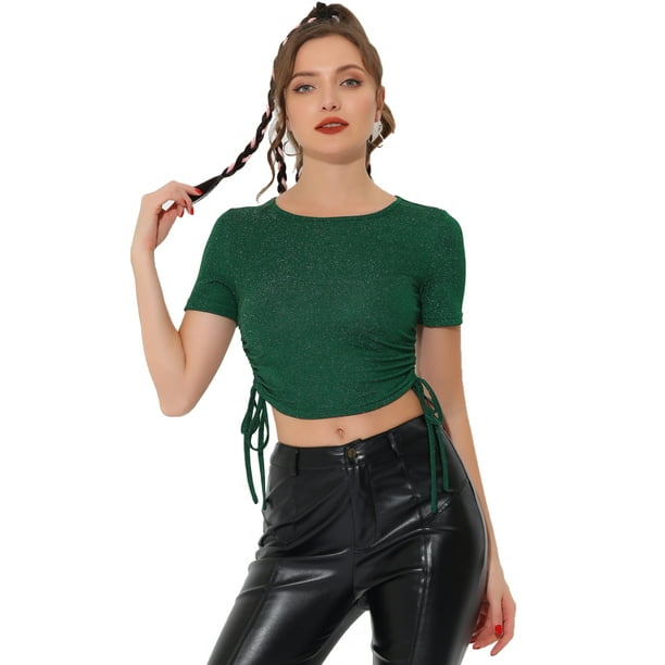 Tops cortos elasticos brillantes con cordon lateral con cordon brillante para mujer Verde M Allegra K Blusa Walmart en linea