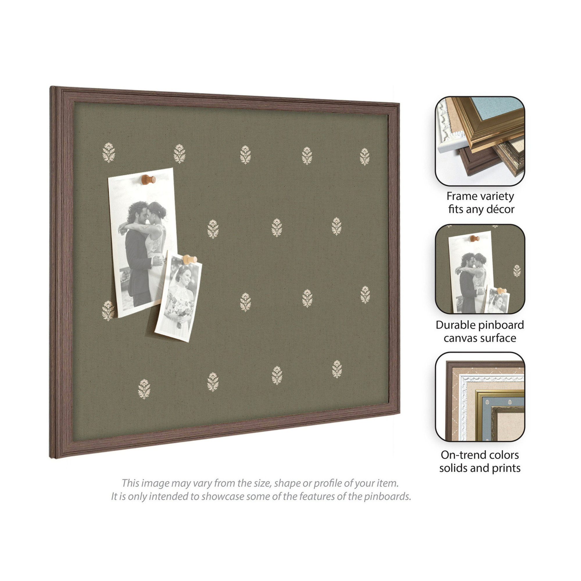 Kate and Laurel Framed Fabric Pinboard 18 x 42, Green Botanical Block Print Printed Linen Classic Bulletin Board for Use as a Vision Board or Wall Organization, Florence Gold Frame