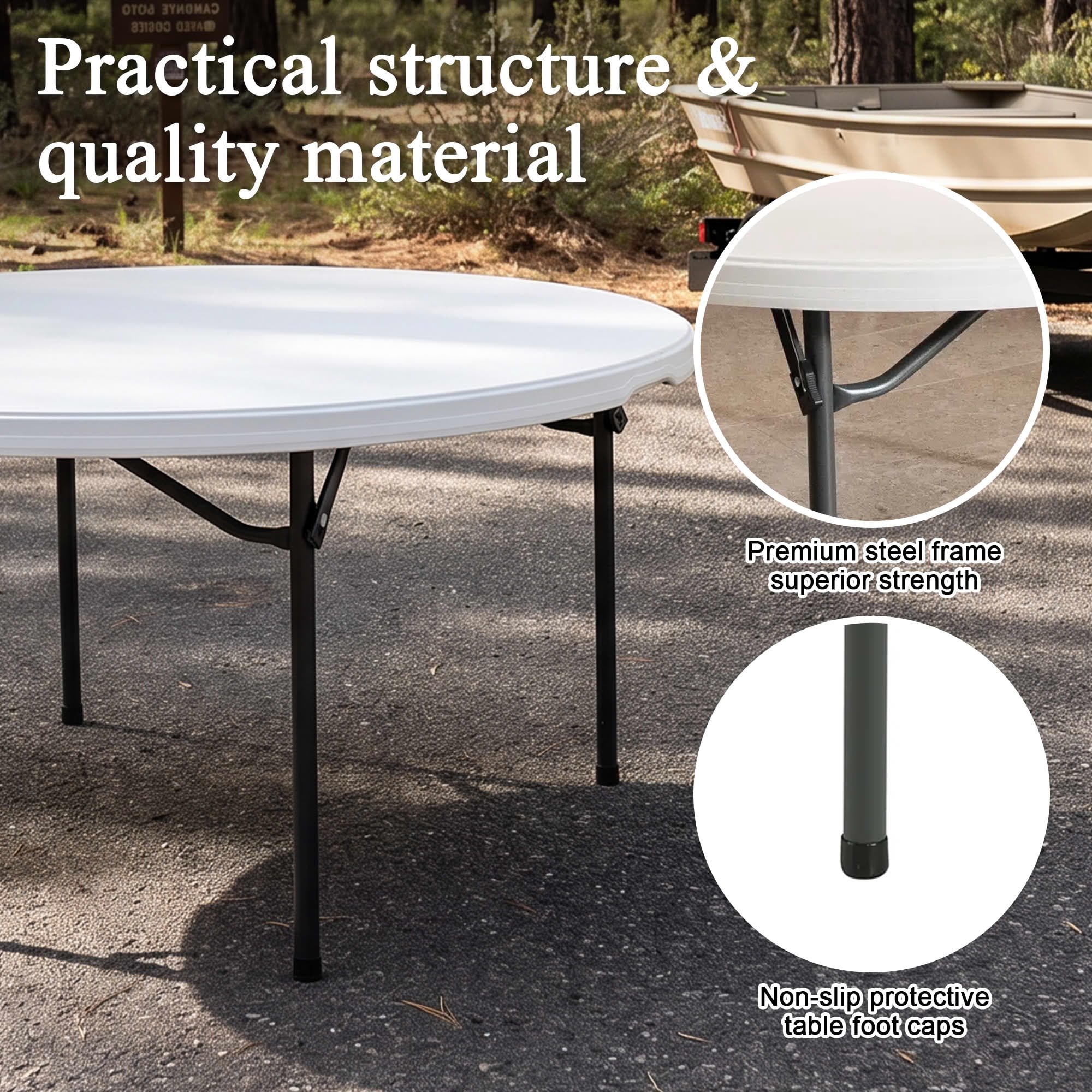 MAYEERTY 71" White Round Blow Mold Folding Table, Foldable Metal Legs Portable Dining Table for Outdoor Party Event