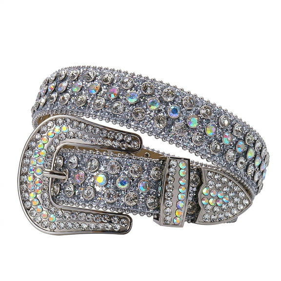 Tengmei Rhinestone Belt for Men Women Western Cowboy Cowgirl Bling Studded Leather Belt for Jeans Pants Silver,M(42inch)