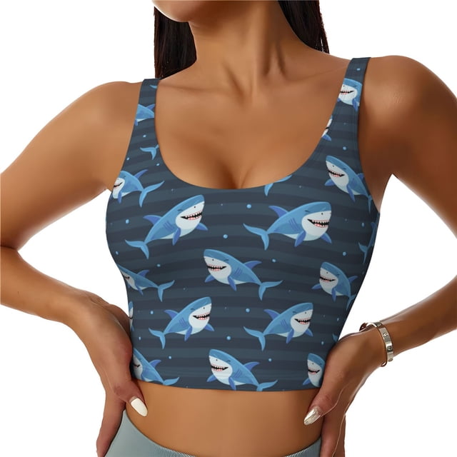 Balery Funny Sharks Sujetadores deportivos con espalda cruzada para mujer, acolchados, sin costuras, de alto impacto, ideales para yoga, gimnasio, entrenamiento y fitness.-X-Large