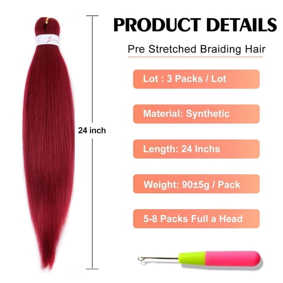 WEIF-Burgundy Braiding Hair Pre Stretched 24 Inch 3 Packs for Professional Hair Extensions, Hot Water Setting Yaki Texture Synthetic Hair(BUG#)