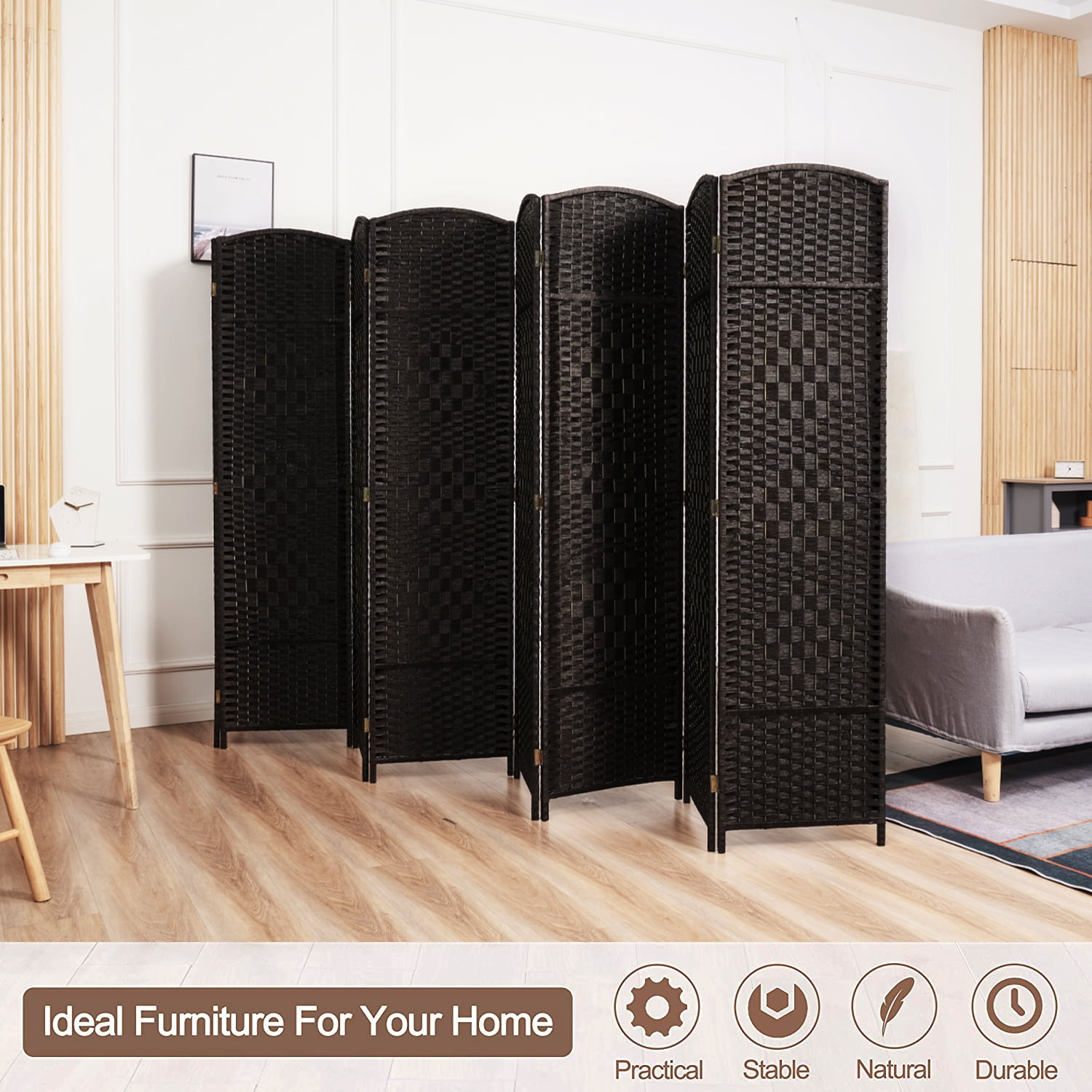 Buy 5.7ft Wood Fiber Woven 8 Panel Solid Wood Room Divider,, Removable