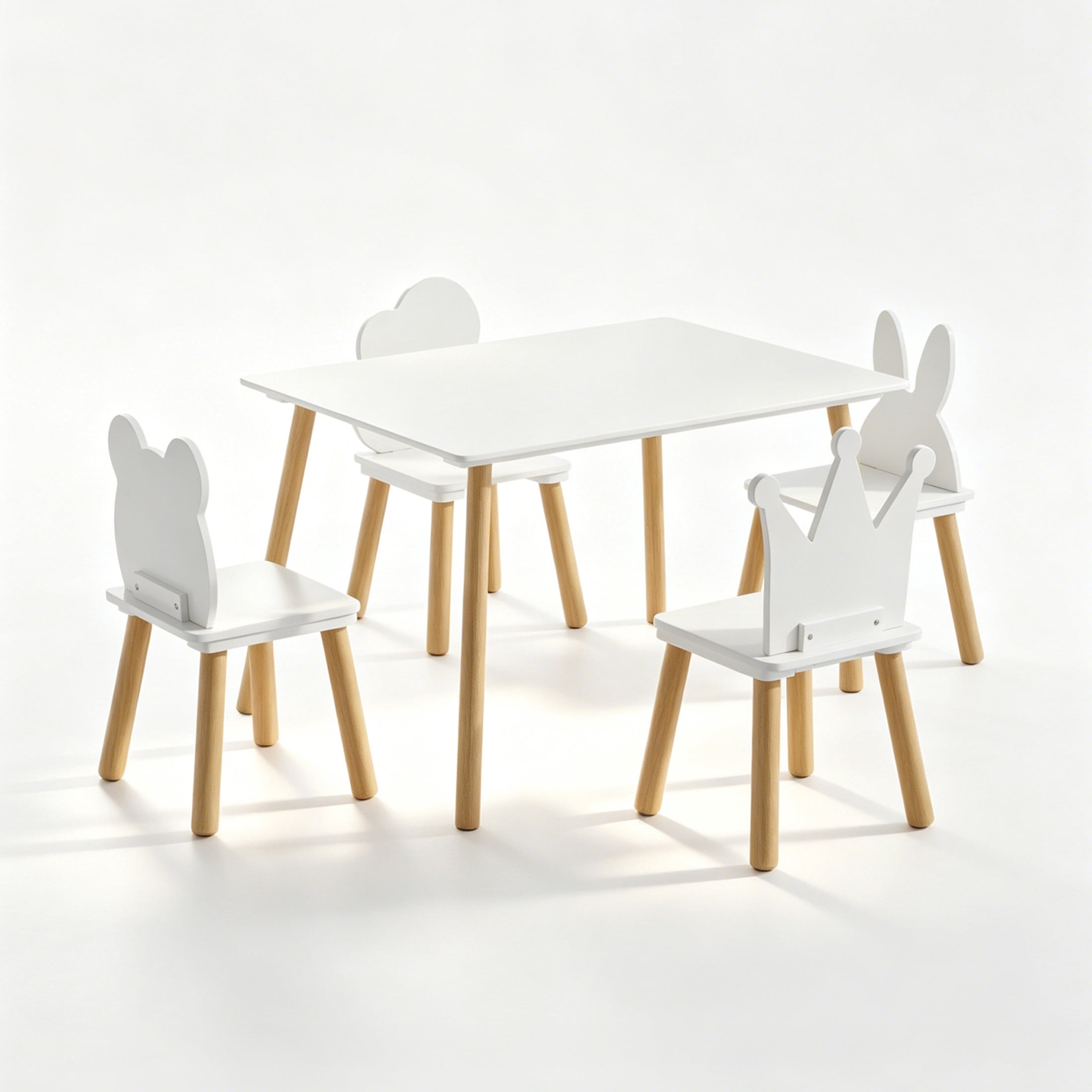 Noble House Kilby 5-Piece Kids Toddler Table & 4 Chairs Set, Animal Backrest Wooden Activity Play Set, White & Natural
