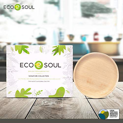 Disposable Palm Leaf Plates 25, 8 Round Plates Event Plates Biodegradable 8' Like Bamboo Plates ECO SOUL 100% Compostable Sturdy Microwave & Oven Safe Wedding Party Eco-friendly 10' 